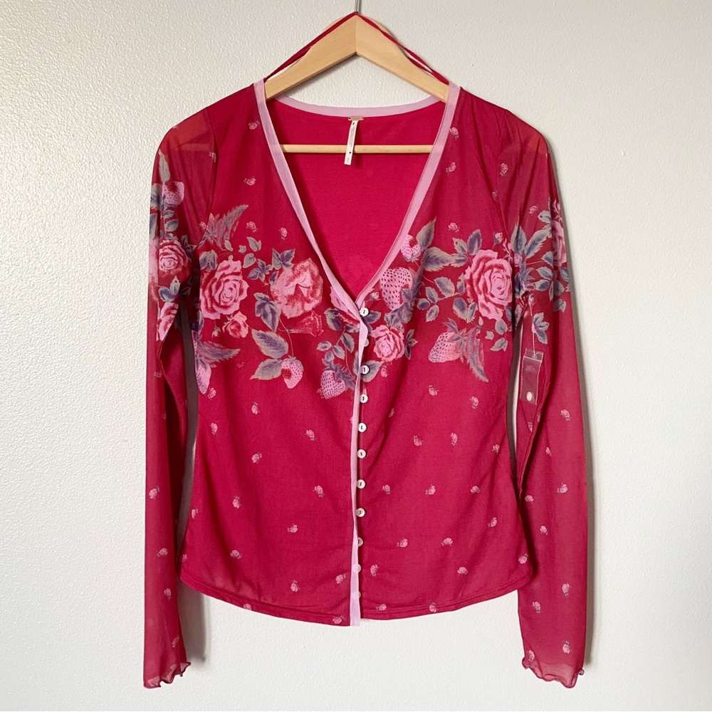 Free People Home Grown Mesh Cardigan Top Roses Magenta Red Floral Small NWOT - Picture 3 of 11